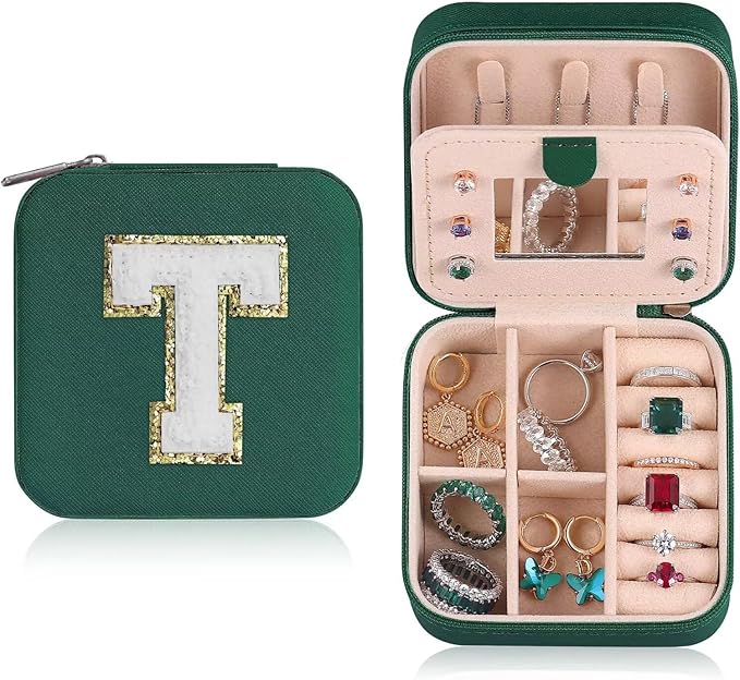 ETHOON Jewelry Travel Case Small Organizer Stocking Box Personalized Gifts Teenage Jewelry Accessories Holiday Christmas Gift for Women Green, Letter T