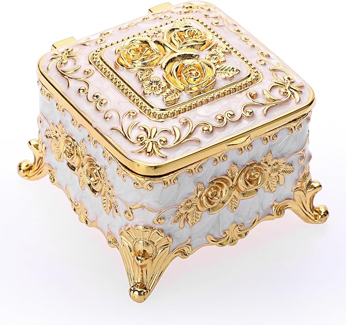 Hipiwe Vintage Jewelry Box Trinket Organizer Enameled Metal Treasure Chest Ring Holder Earrings Storage Case Decorative Keepsake Box Gift for Women, Small 3"x3"x2.4"