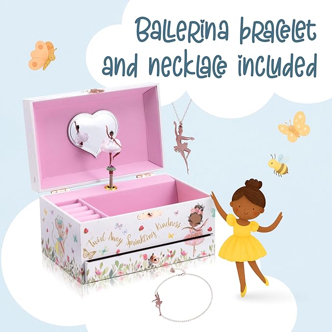 The Memory Building Co Black Ballerina Musical Jewelry Box Plays Classic Melody, Storage Organizer Music Box for Kids Ages 6-12 MDF Wood w/ 2 Fabric Lined Ring Bracelet Necklace Treasure Compartments