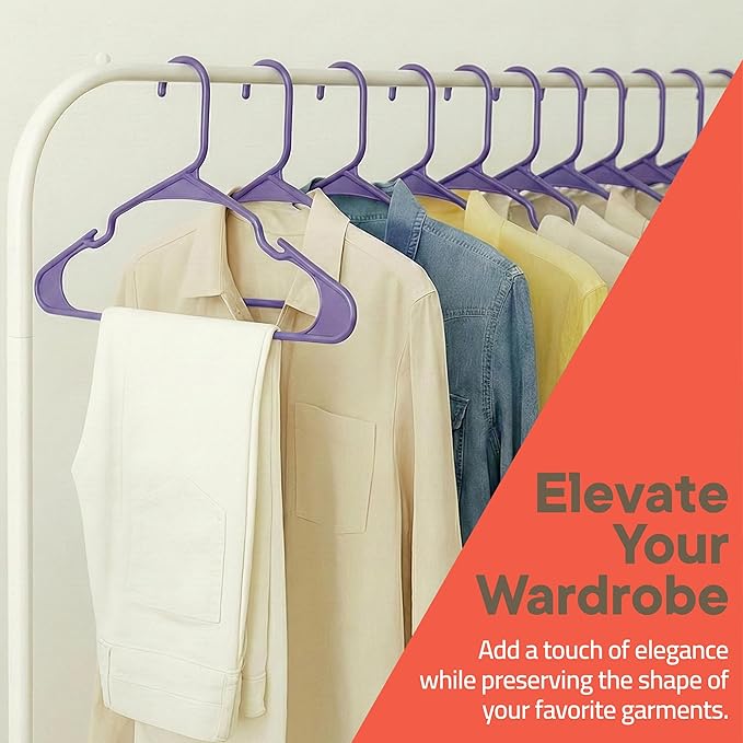 Purple Plastic Hangers 10 Pack– Heavy-Duty Plastic Hangers Slim and Space-Saving, Durable and Lightweight with Non-Slip Shoulder Notches for Slip Dresses, Suits, Jackets & Camisoles