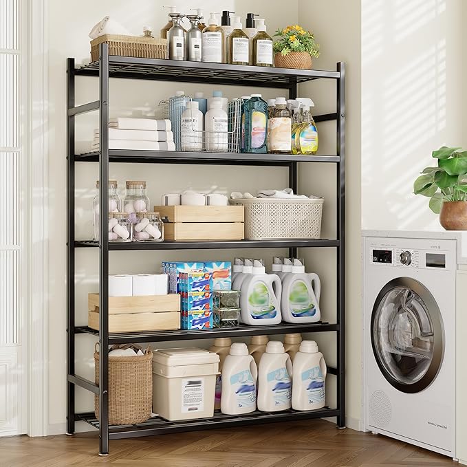 Storage Shelves, 5-Tier Metal Shelving Unit with Adjustable Feet, Shelf Organizer for Garage, Kitchen, Pantry and Closet Organization, 36.4" x 11.8" x 68.3", Black