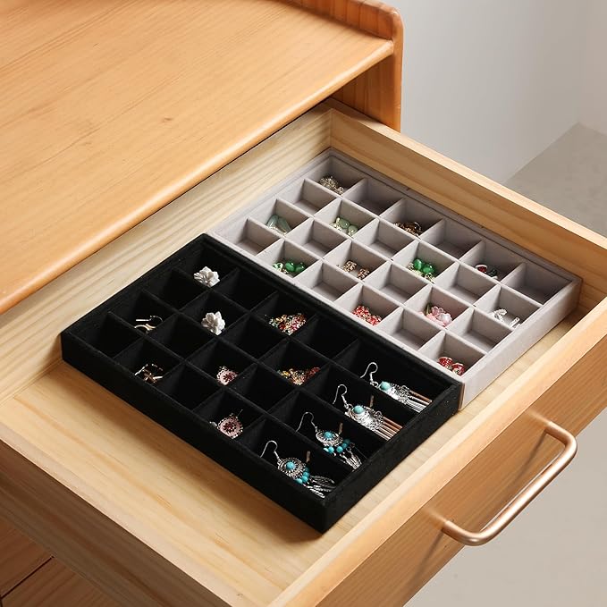 Frebeauty 24 Grid Earring Holder Organizer Tray, Jewelry Organizers and Storage for Drawer,Velvet Jewelry Display Storage for Earrings,Rings,Studs,10.5 x 6.5 x 1.2 Inches Gift for Women (Black)