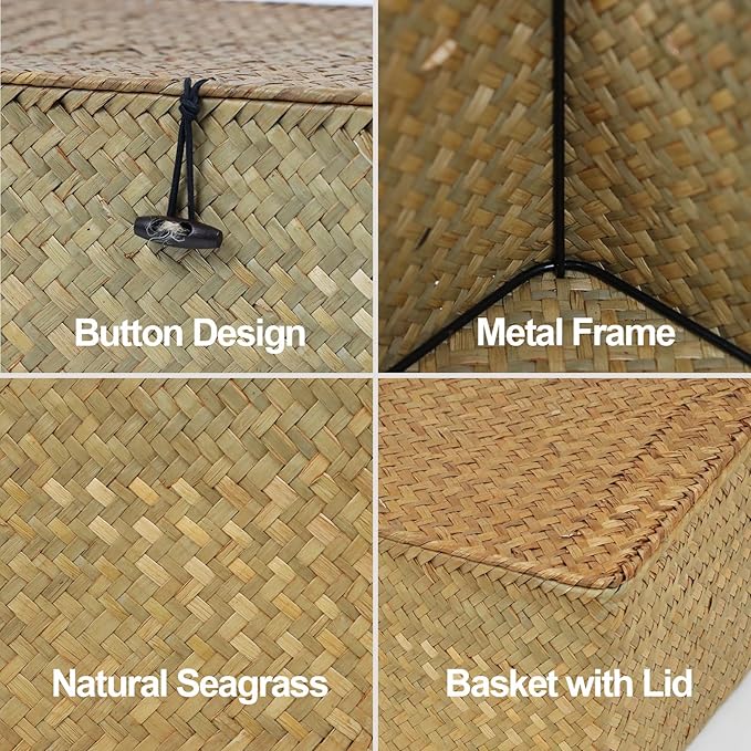 Wicker Basket with Lid, Natural Seagrass Storage Baskets for Organizing, Woven Basket for Storage, Decorative Boxes Bins with Lids Home Organizer Decor (Natural, Small)