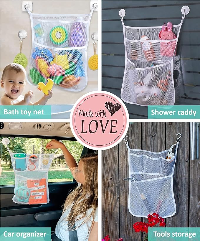 Bath Toy Storage Organizer – Large Mesh Bath Toy Holder & Bath Toy Net for Tub, Quick Dry Bathtub Bag with 2 Strong Suction Cups, 2 Adhesive Hooks, Quick-Dry Hanging Shower Cubby Basket, 14x20 Inch