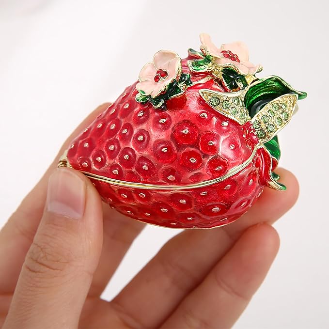 Hand Painted Fruit Trinket Box for Home Decor, Hinged Jewelry Organizer Storage, Unique Personalized Collectible Keepsake Figurine Handmade Decorative Ornament Gifts (Strawberry)