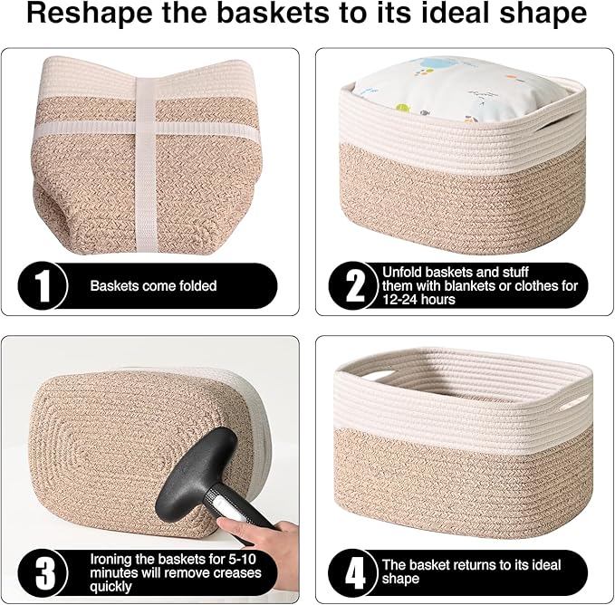 ICERZCZ Storage Baskets for Shelves, Woven Storage Basket, Bins for Cube Storage, Cotton Rope Basket with Handles for Toy, Book, and Clothes Living Room, (4 Packs) Off White & Brown