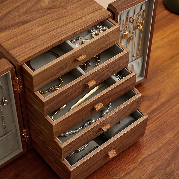 Black Walnut Wood Wooden Jewelry Box for Women, Large Velvet Lined Jewelry Organizer with 5 Drawers & Brass Feet, Earring Jewelry Box Organizer, Traditional Chinese Pattern Handles
