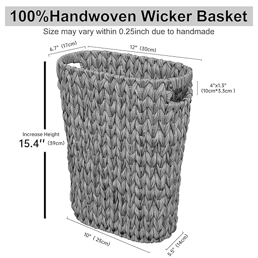 Coeusy 5 Gallon Wicker Trash Can,Wicker Bathroom Trash Can with Handles,Handwoven Waste Basket Waterproof Narrow Small Garbage Can for Bedroom,Bathroom,Office,Grey/20 Liters