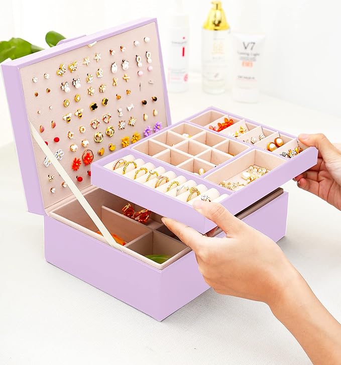 Earrings Jewelry Box for Girls, Large Capacity Jewelry Organizer with 40-Pair Earring Board, 2-Layer Leather Jewelry Storage Box for Necklaces Rings Bracelets with Removable Tray, LightPurple