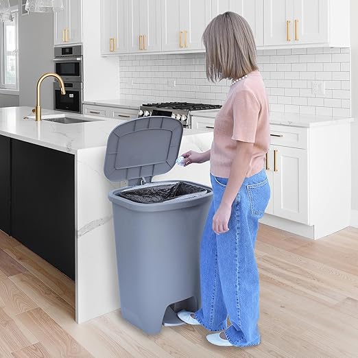 Glad Kitchen Trash Can | Large Plastic Waste Bin with Odor Protection of Lid | Hands Free with Step On Foot Pedal and Garbage Bag Rings, 20 Gallon, Grey