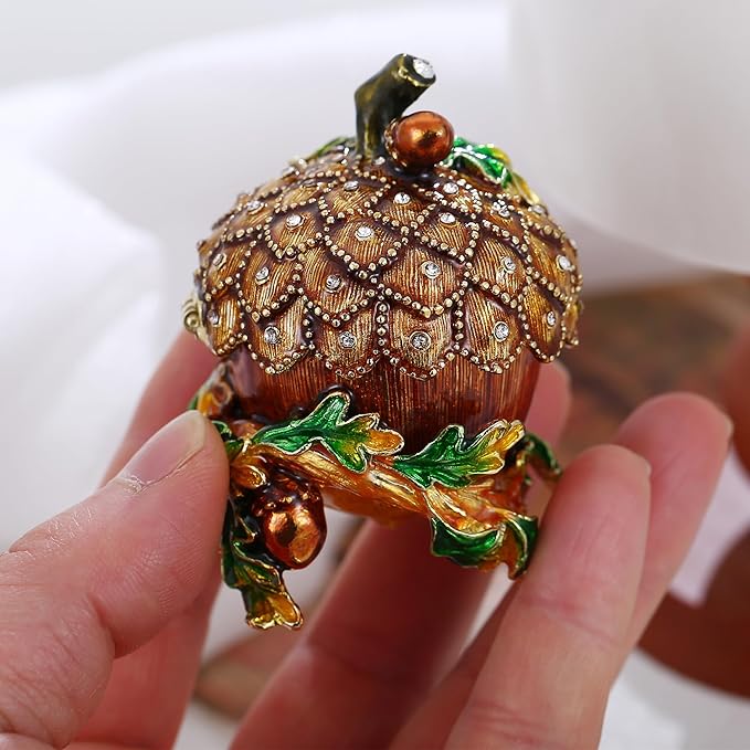 Hand Painted Fruit Trinket Box for Home Decor, Hinged Jewelry Organizer Storage, Unique Personalized Collectible Keepsake Figurine Handmade Decorative Ornament Gifts (Acorn)