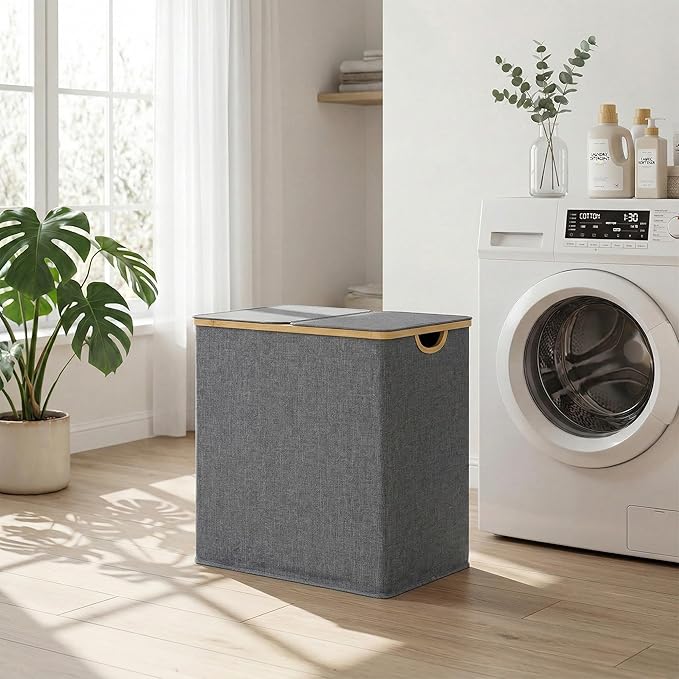 efluky Laundry Hamper with Lid, Double Laundry Hamper with 2 Removable Bags, 2 Section Laundry Basket with Bamboo Handles for Bathroom, Bedroom & Laundry Room, 140L (36.9 Gallon) Blue Grey