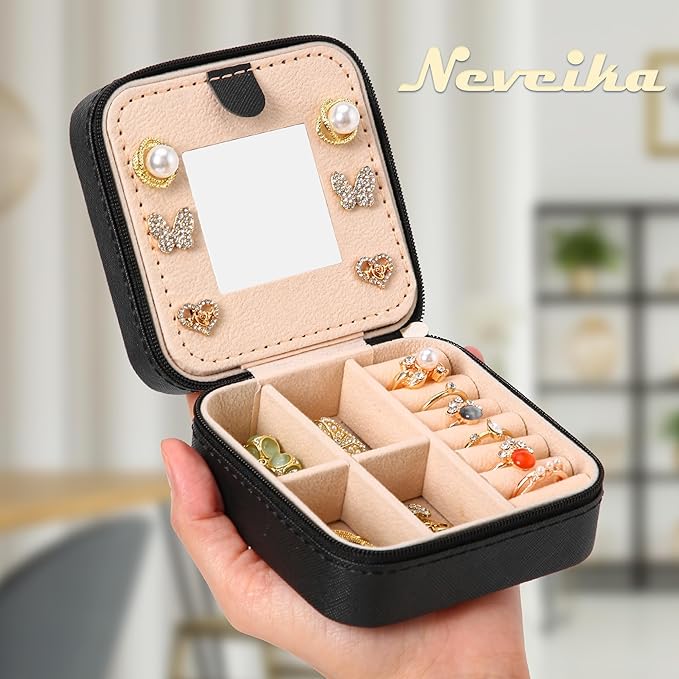 Neveika Jewelry Box with Mirror,Small Jewelry Organizer Box,Travel Jewelry Case for Women,Gift Jewelry Boxes for Female Girls (4pcs mirror black)