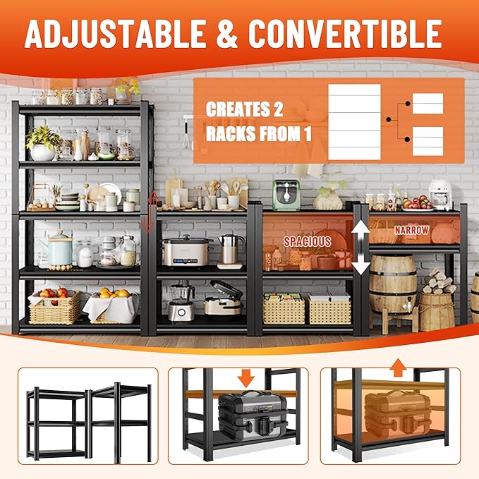 72''H × 40''W Garage Shelving, 5 Tier Heavy Duty Shelving, 2500 lbs Capacity Garage Storage Shelves, Industrial Shelves with Thickened Double-Layer Posts for Garage, Warehouse, Basement,Black