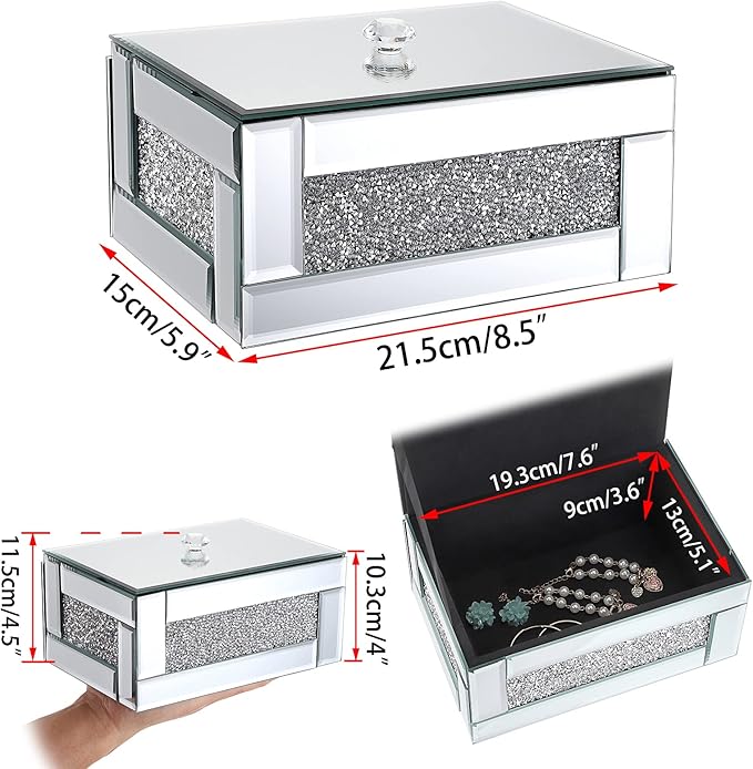 Hipiwe Glass Mirrored Jewelry Box with Crushed Diamond Decor, Trinket Organizer Box Luxury Rings Earrings Necklace Storage Keepsake Box Treasure Chest Case, Silver Large Size