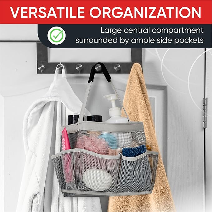 Masirs Mesh Shower Caddy – 9 Pocket Portable Shower Caddy Organizer for College Dorm, Travel, Gym, Bathroom – Quick Dry, Lightweight Tote Bag for Toiletries & Essentials, Gray
