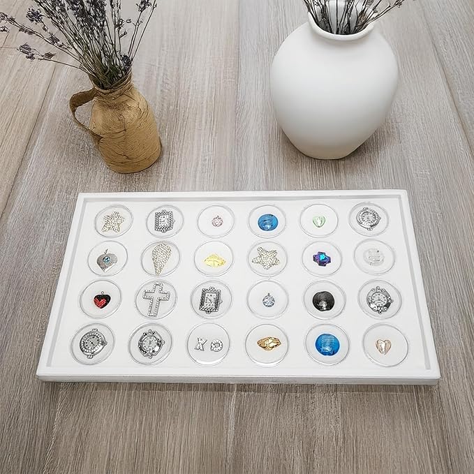 Ikee Design 24 Gem Showcase Stackable Jewelry Display Tray for Collectibles, Rock Storage Box Gemstones Bead Storage Jars, White Foam, White Tray, 14 7/8W x 8 3/8D x 1H in