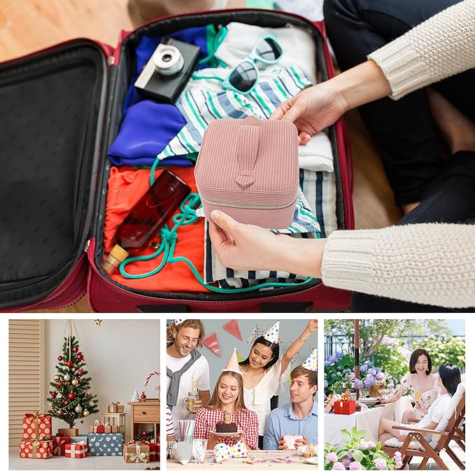 Travel Jewelry Case with Mirror – Small 2-Layer Jewelry Box for Women, Rings and Earrings Necklaces Velvet Organizer Mothers Day Mom Girls Birthday Gifts (Pink)