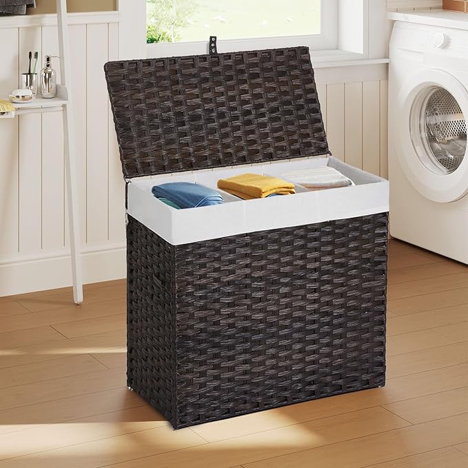 Greenstell Laundry Hamper with Lid, 125L Wicker Laundry Baskets with 2 Removable Liner Bags & 5 Mesh Laundry Bags, Handwoven Rattan Clothes Hamper with Handles for Clothes in Bathroom, Bedroom