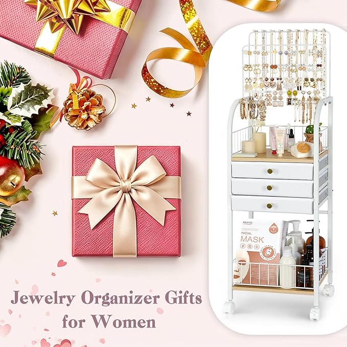 Keebofly Jewelry Organizer Stand with 3 Drawers, Large Necklace Holder & Earring Organizer Rack, Wooden Jewelry Tree Tower for Rings, Bracelets, Sunglasses and Skincare, Gift for Women, White
