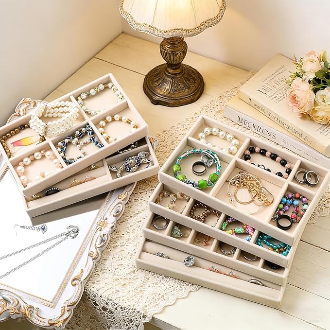 12Pcs Velvet Stackable Jewelry Trays, Jewelry Drawer Organizer, Large Removable Display Jewelry Tray, Necklace Bracelet Storage Box for Earring, Ring, Brooch, Watch (Beige)