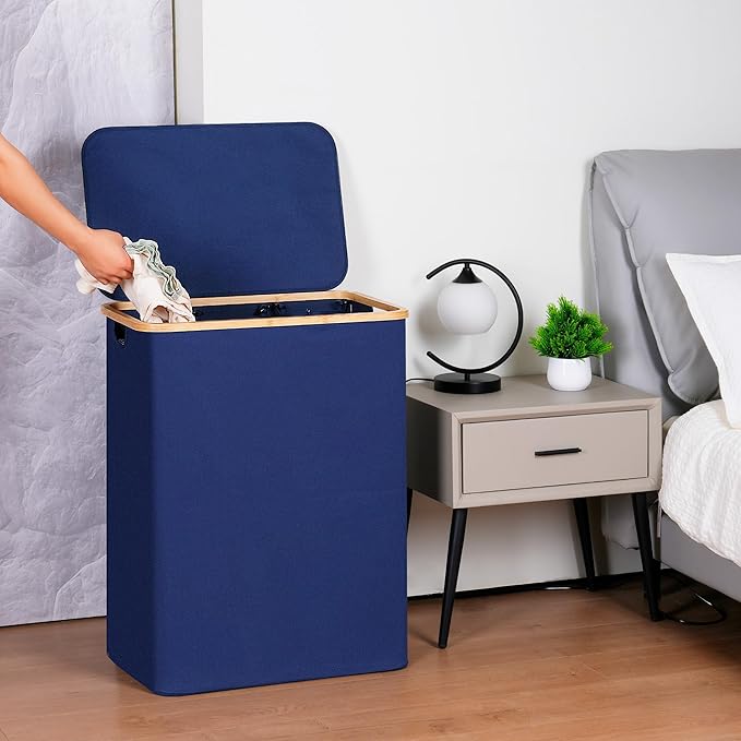 efluky Laundry Hamper with Lid, Trio Laundry Hamper with 3 Removable Bags, 3 Section Laundry Basket with Bamboo Handles for Bathroom, Bedroom & Laundry Room, 160L Blue