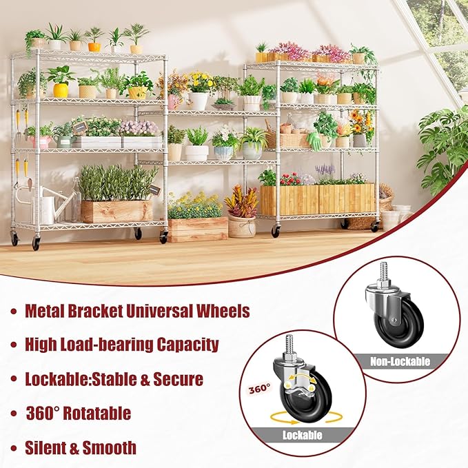 PrimeZone 4 Pack Steel Storage Wire Shelving 5 Tier Metal Shelves with Wheels,Adjustable Kitchen Utility Shelving Unit,Pantry Rack Rolling Metal Shelf Laundry,Chrome 24" Wx18 Dx75 H