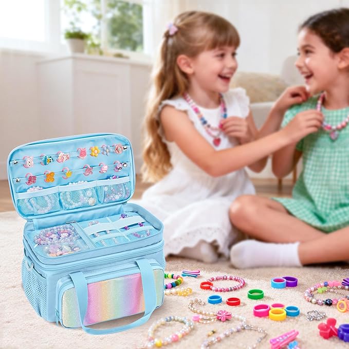 GRAOSO Double Layer Jewelry Organizer Storage for Kids Girls, Travel Jewelry Case Bag, Portable Jewelry Box with Handle and Detachable Shoulder Strap for Necklaces, Earrings, Rings, Blue (Case Only)