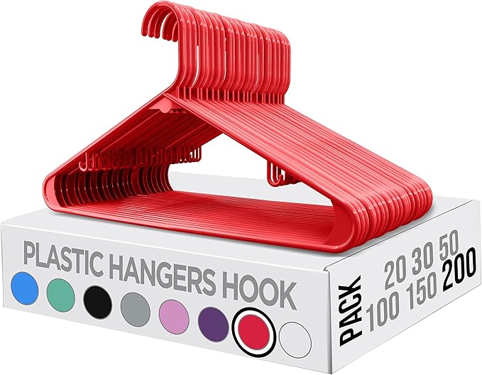 Utopia Home Plastic Hangers 200 Pack - Clothes Hanger with Hooks - Durable & Space Saving (Red)