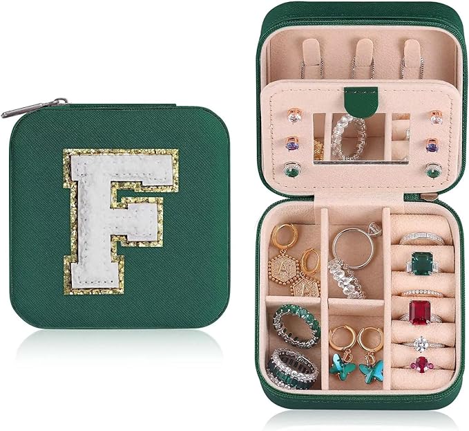 ETHOON Jewelry Travel Case Small Organizer Stocking Box Personalized Gifts Teenage Jewelry Accessories Holiday Christmas Gift for Women Green, Letter F