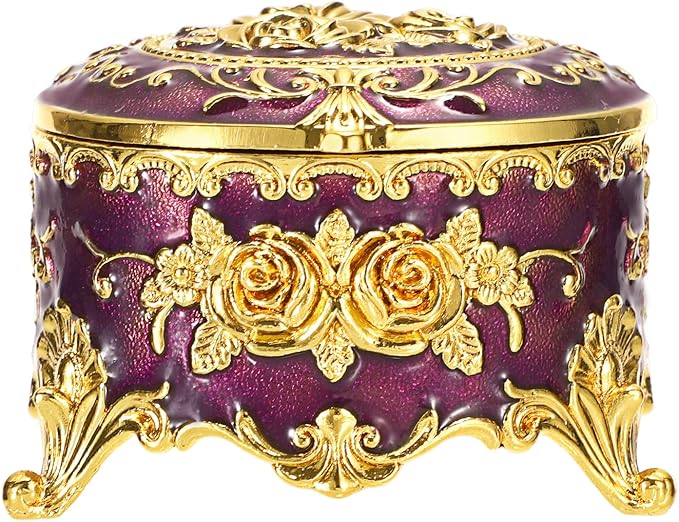 Hipiwe Vintage Jewelry Box Small Trinket Storage Organizer Box Gold Metal Chest Ring Case Treasure Chest Round Keepsake Boxes for Earrings Necklace Gift for Women,Purple