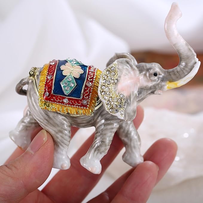 Hand Painted Animal Trinket Box for Home Decor, Hinged Jewelry Organizer Storage, Unique Personalized Collectible Keepsake Figurine Handmade Decorative Ornament Gifts (Lucky Elephant)