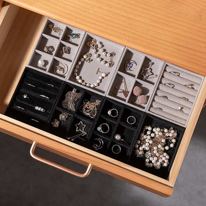 Frebeauty Small Jewelry Tray Set,Stackable Velvet Jewelry Organizer Tray,Mini Jewelry Drawer Organizer,Drawer Inserts,4.92 x 3.74 x 0.9 Inches,Earring Organizer for Women(Set 9,Beige)