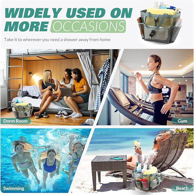 LOYEE Mesh Shower Caddy Portable for College Dorm Room Essentials with 8 Pockets, Shower Bag for Beach, Swimming, Gym, Travel, Bathroom(All gray)