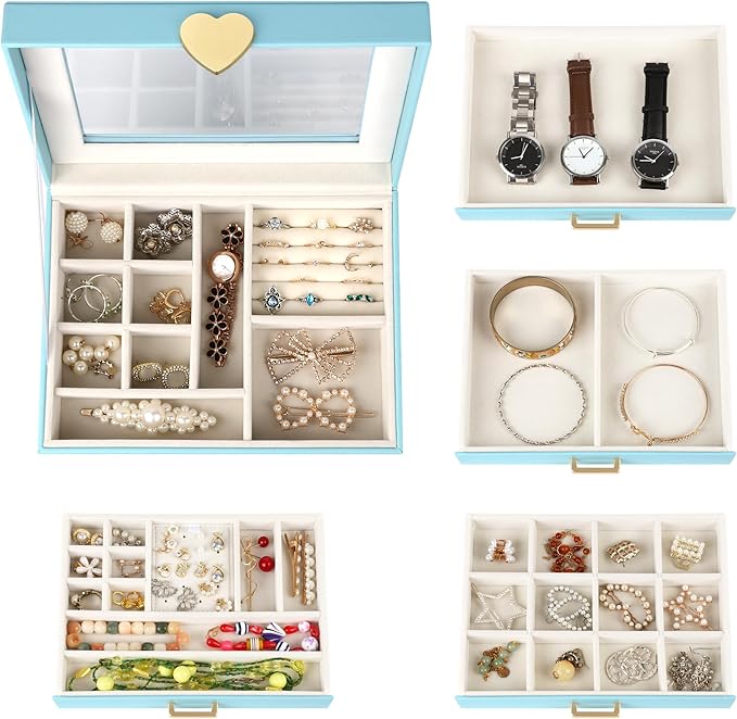 Kendal Jewelry Box, 5-Layer Jewelry Organizer Box with Glass Lid, Blue, Heart Shaped PU Leather, Storage Box for Necklace Earrings Rings Bracelets, Gift Idea for Girls LJC4DRBL