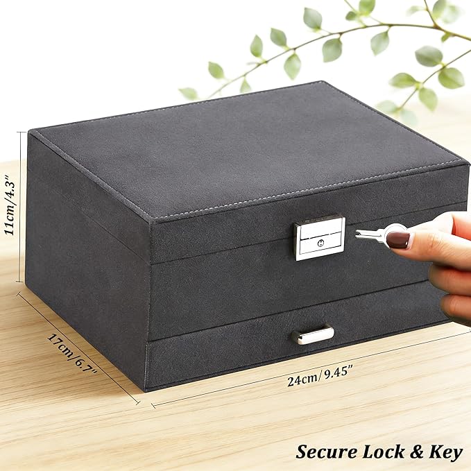 QBestry 3-Layer Jewelry Box for Women with Lock and Key & Drawer, Large Jewelry Organizer with 8 Necklace Hooks & 56 Earring Holes, Grey Velvet Jewelry Storage Box for Necklaces Earrings Ring Bracelet