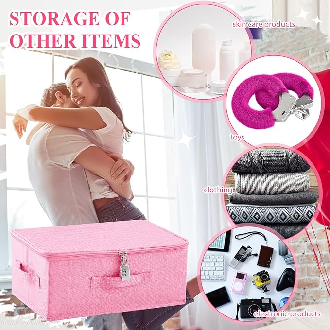 Briwooody Discreet Lockable Toy Bag Storage Organizer Toy Bag Storage Bins Case with Zipper Lid for Women and Men Clothes Container(Pink,15 x 10 x 6.3 Inch)