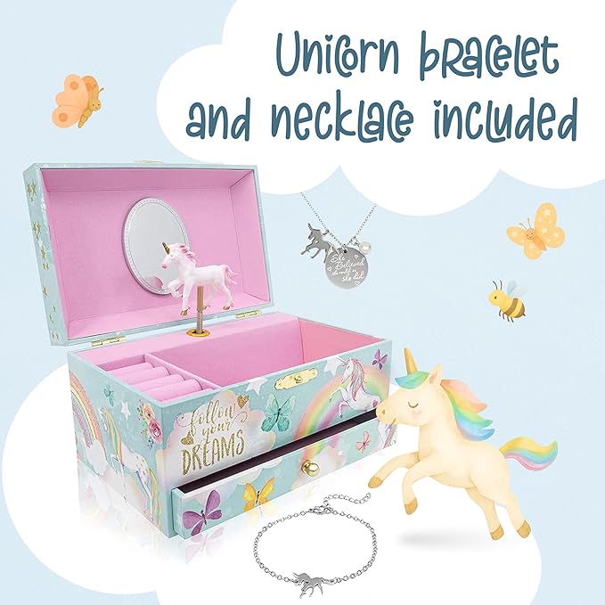 The Memory Building Co Unicorn Musical Jewelry Box Plays Classic Melody, Storage Organizer Music Box for Kids Ages 6-12, MDF Wood w/ 2 Fabric Lined Ring Bracelet Necklace Treasure Compartments