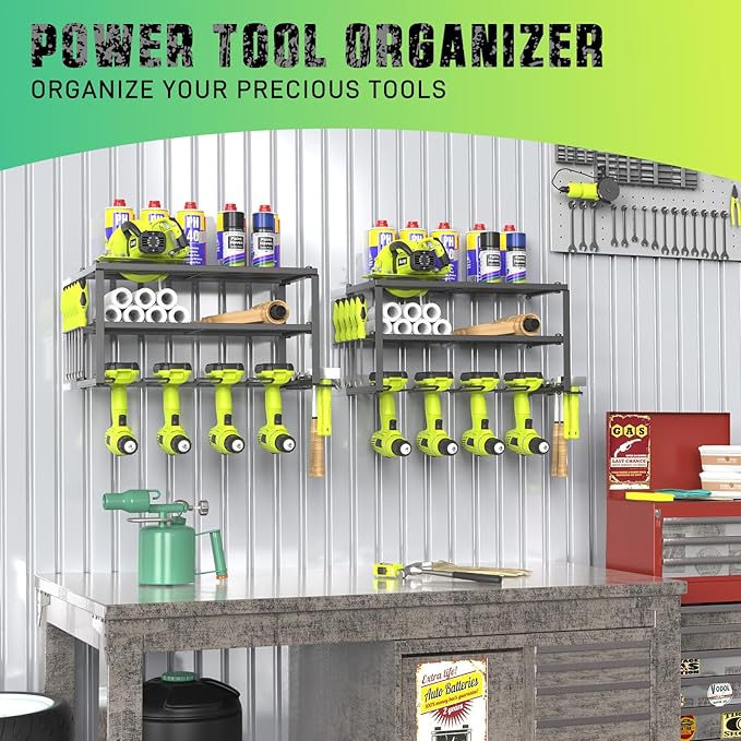 SUNALLY 3-Tier Heavy Duty Steel Power Tool Organizer, Matte Black, 3 Layers Tool Rack Cordless Drill, Floating Shelf Wall Mounted, 4 Drill Holders