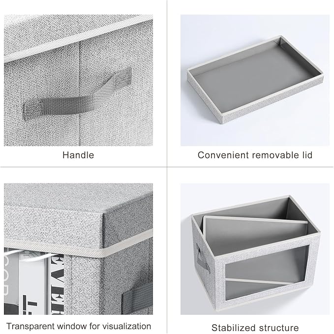 Homsorout Foldable Storage Bin with Lid - Closet Storage Organizer with Window, Storage Bins with Lids for Clothes, Fabric Storage Baskets for Shelves, Bedroom, Dorm, Light Grey, 4 Pack