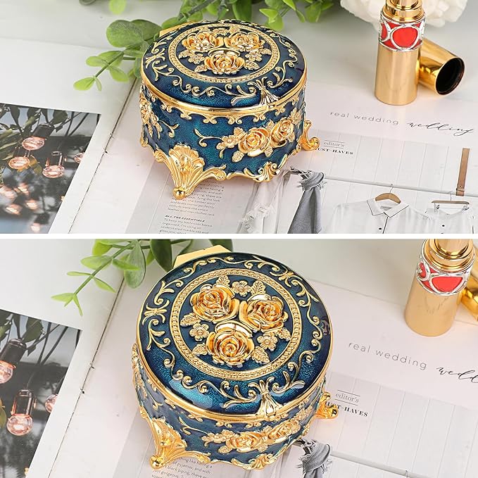 Hipiwe Antique Metal Jewelry Box Ring Earring Treasure Chest Case Small Trinket Box Round Jewelry Display Box Necklace Organizer Wedding Birthday Gift Home Decor, 3x3x2.4 inch