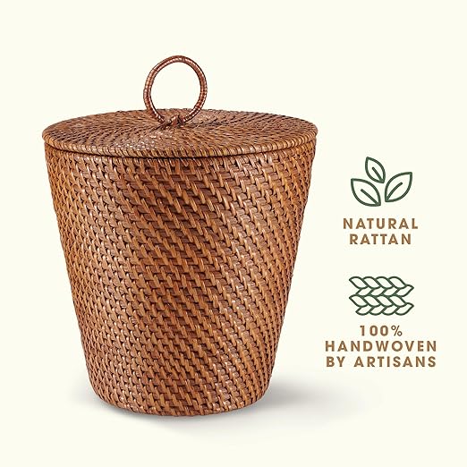 84ECO 3 Gallon Rattan Trash Can with Lid and Liner - Wicker Trash Can for Bathroom, Bedroom, Kitchen, Living Room
