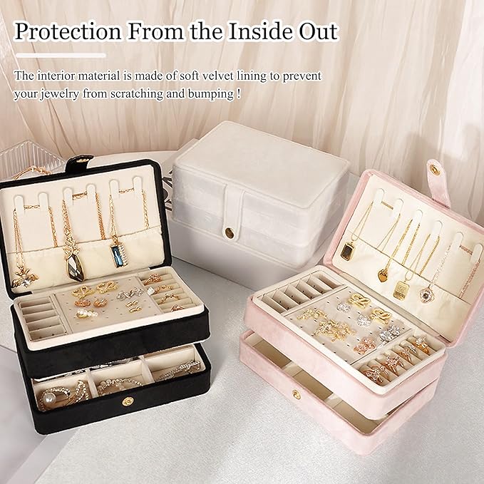 MODENGKONGJIAN Jewelry Organizer Box, 2-Layer Large Jewelry Storage Case, Portable Travel Jewelrys Display Holder for Earrings, Necklaces, Bracelets (Pink,Velvet)