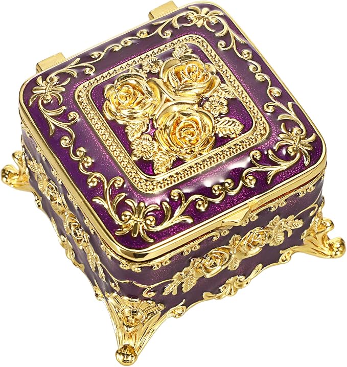 Hipiwe Vintage Jewelry Box Small Trinket Storage Organizer Box Gold Metal Chest Ring Case Treasure Chest Square Keepsake Boxes for Earrings Necklace Gift for Women,Purple