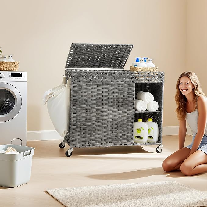 Laundry Hamper with Lid, 160L Rattan Wicker Laundry Basket with Wheels, Handwoven Laundry Hamper 3-Section with Storage shelf(42.3 Gal), Laundry Sorter Basket with Removable Liner, GreyHLH033G