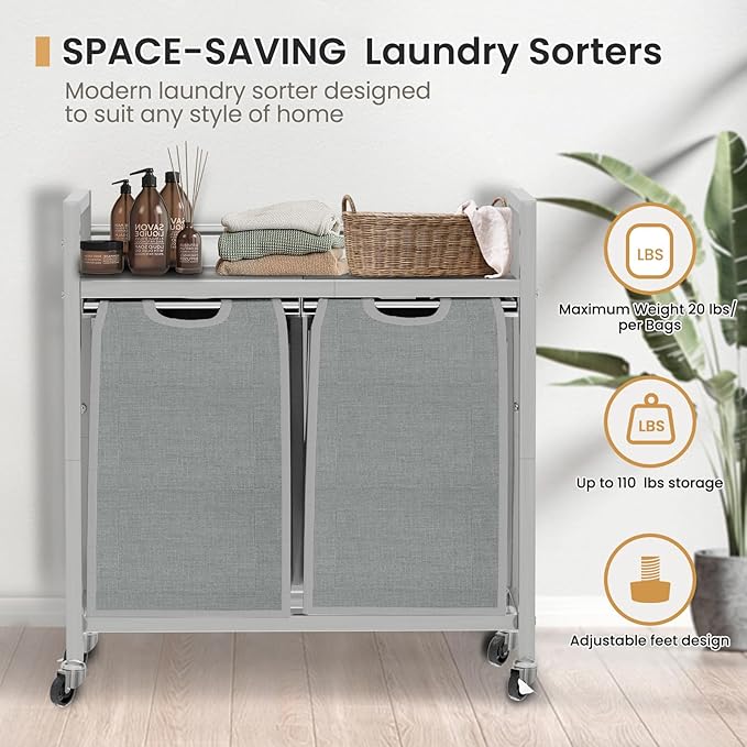 SwaaVee Laundry Hamper, Laundry Basket, Laundry Sorter with 3 Removable Bags, Clothes Basket with 3 Compartments, Wheels, Shelf for Laundry Room Bathroom Bedroom (2 Bags-Gray)