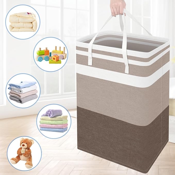 BlissTotes 3-Pack Laundry Basket, Freestanding&Waterproof Laundry Hamper, Collapsible Tall Clothes Hamper with Easy Carry Handles for Clothes, Towels in the Family and Dorm,Gradient Khaki,75L