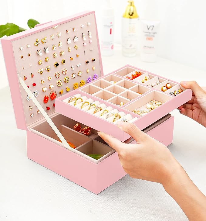 Earrings Jewelry Box for Girls, Large Capacity Jewelry Organizer with 40-Pair Earring Board, 2-Layer Leather Jewelry Storage Box for Necklaces Rings Bracelets with Removable Tray(Gift Idea),Pink