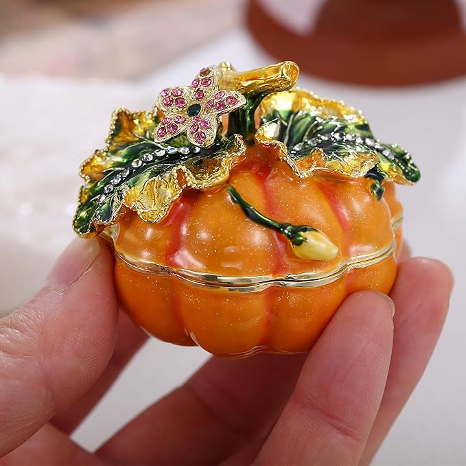 Hand Painted Fruit Trinket Box for Home Decor, Hinged Jewelry Organizer Storage, Unique Personalized Collectible Keepsake Figurine Handmade Decorative Ornament Gifts (Pumpkin)