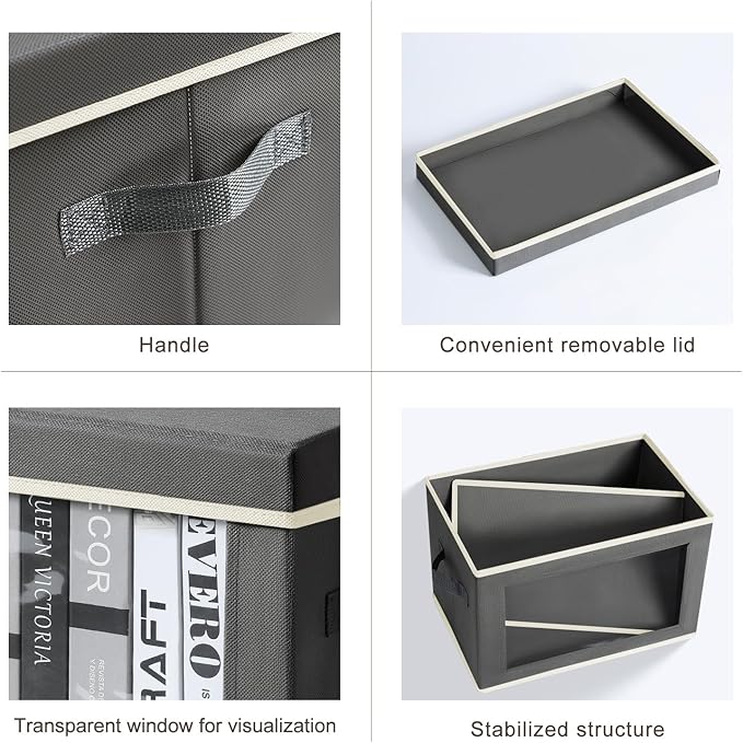 Homsorout Storage Boxes with Lids - 3 Pack Fabric Clear Window Storage Bins, Collapsible Storage Bins with Lids, Linen Closet Organizer for Clothes, Towel, Blanket, Dark Grey